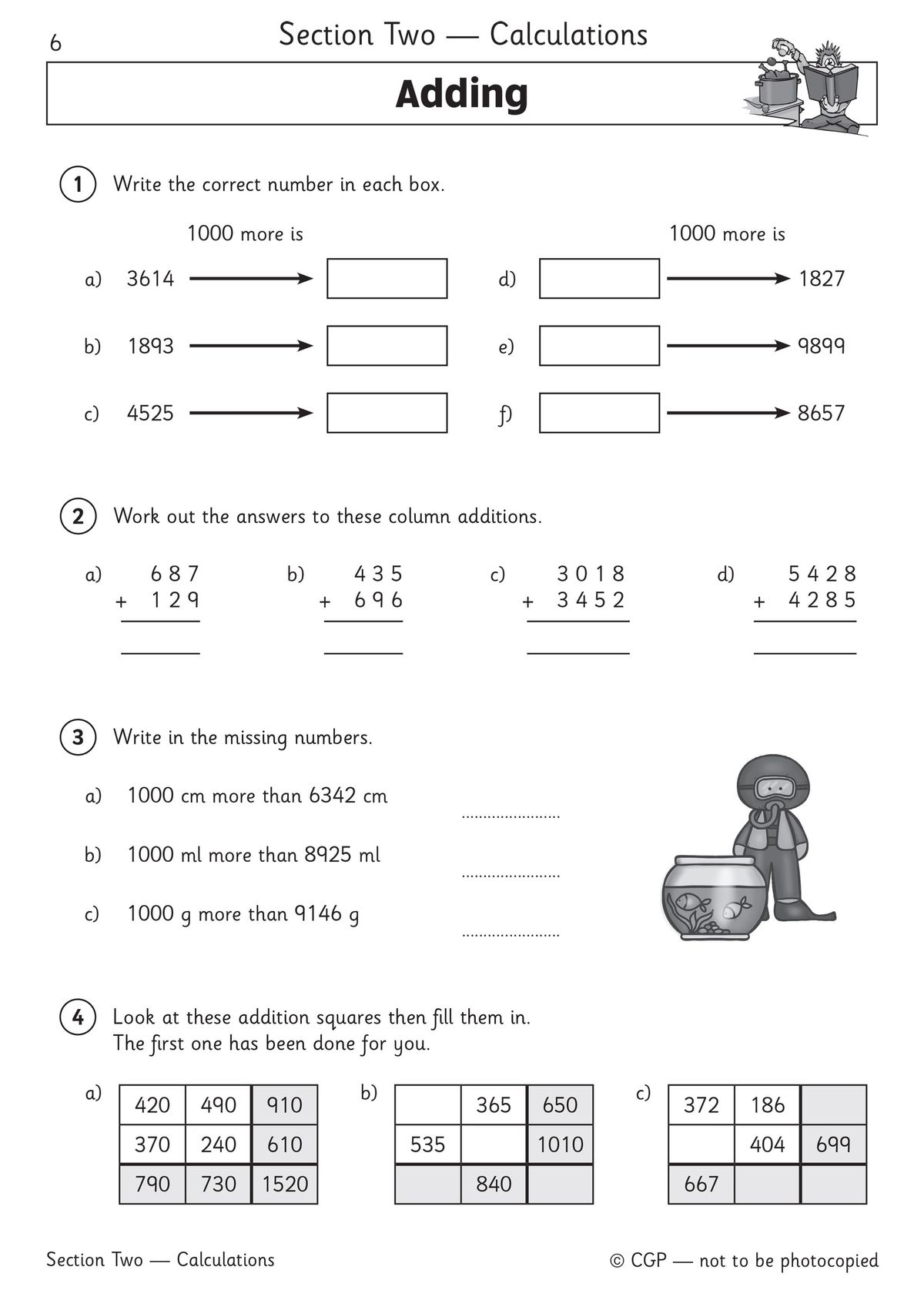 Inside page showing addition questions including column addition and addition squares