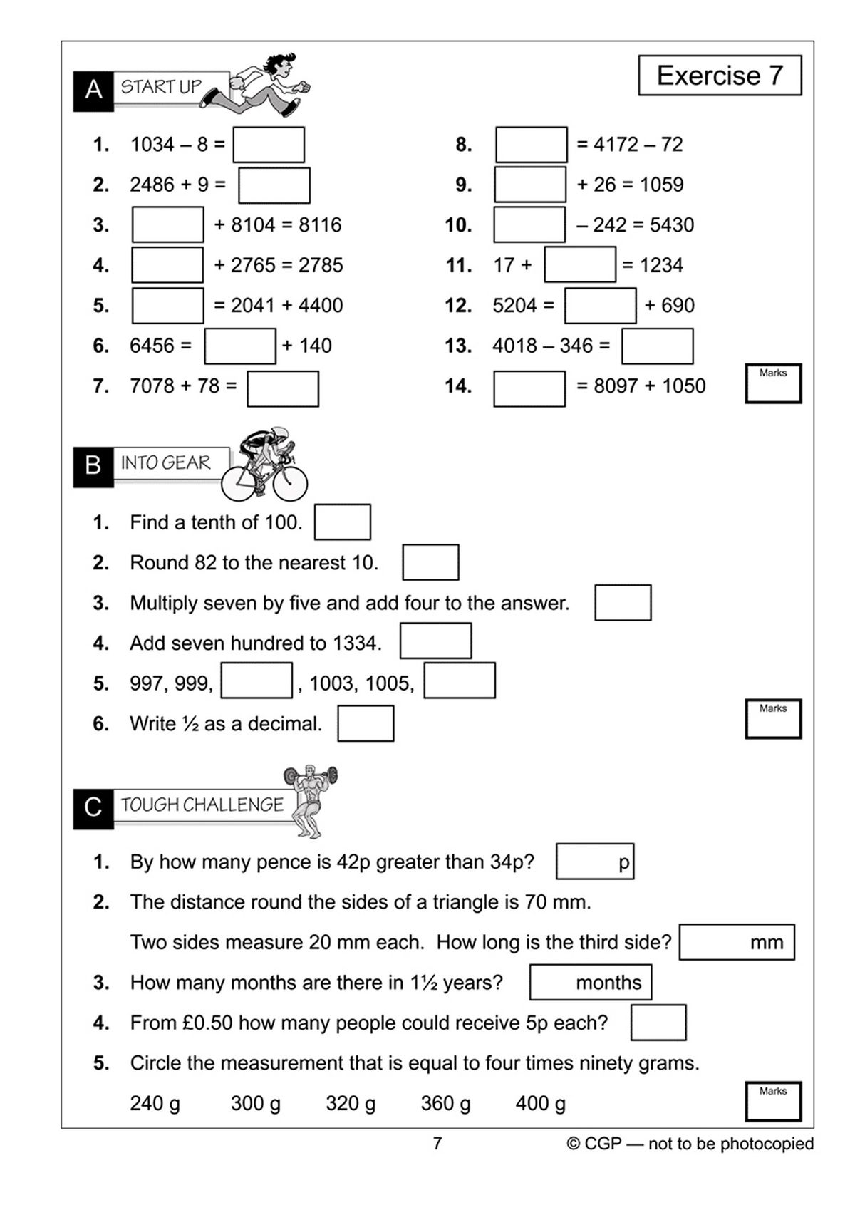 Sample page from Year 4 Mental Maths Workout Book showing structured exercises with Start Up, Into Gear and Tough Challenge sections