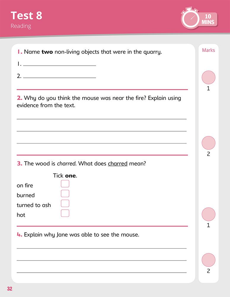 Sample reading test page showing timed questions with mark allocations