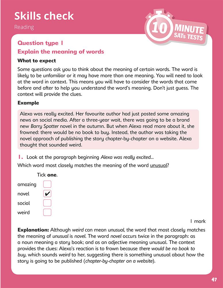 Skills check page explaining question types with worked examples and explanations