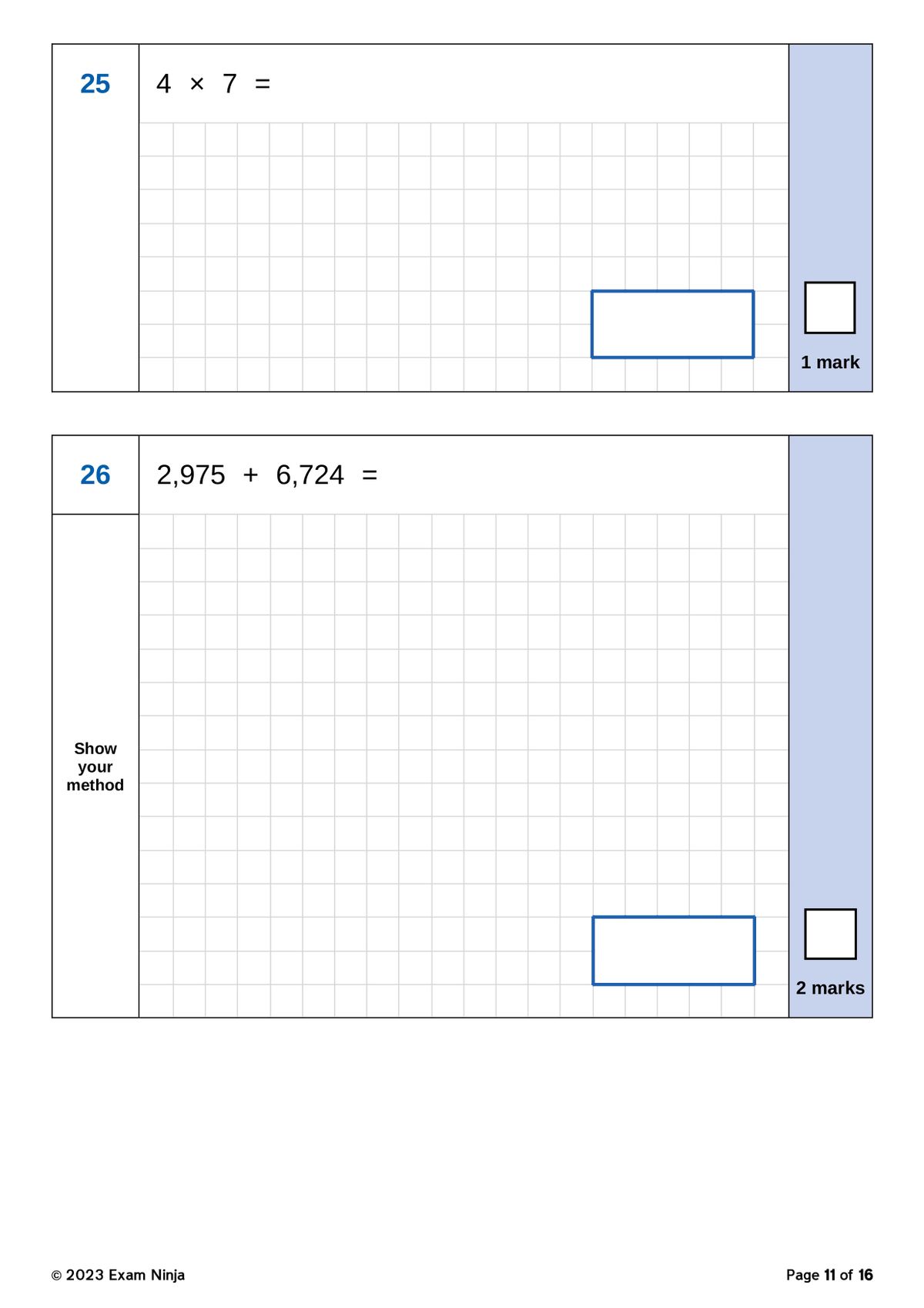 Sample arithmetic questions showing multiplication and multi-digit addition with answer boxes and mark allocations