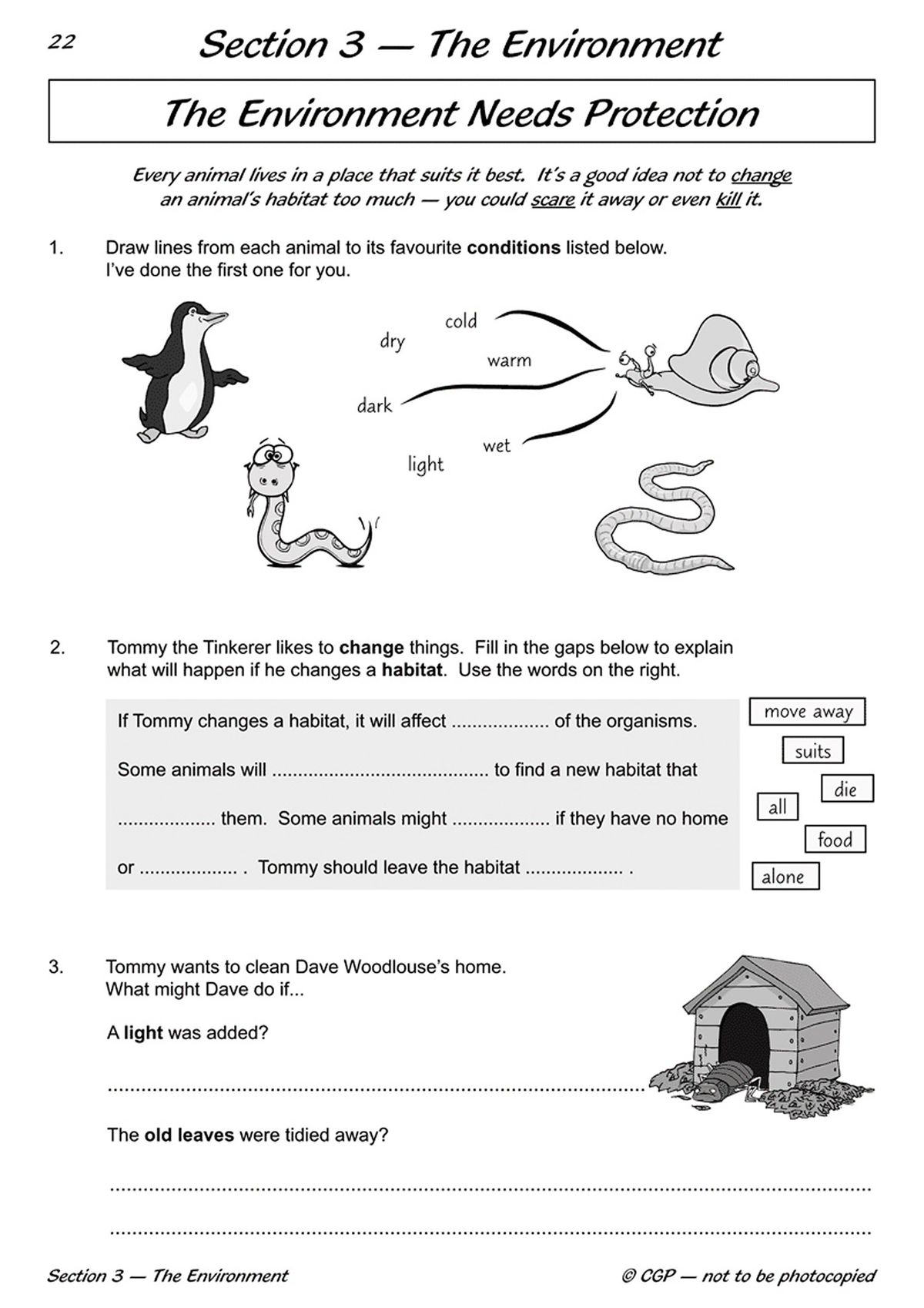 Inside pages showing fill-in-the-blank habitat questions with tree diagram and illustrated examples