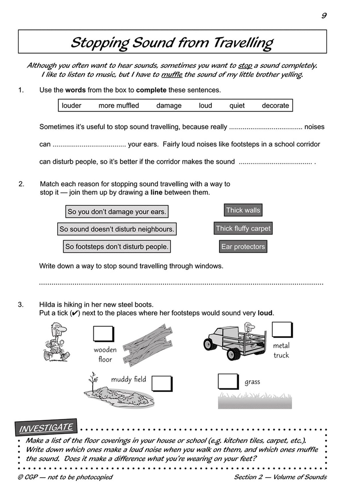 Inside page about stopping sound from travelling with matching exercises and real-world examples
