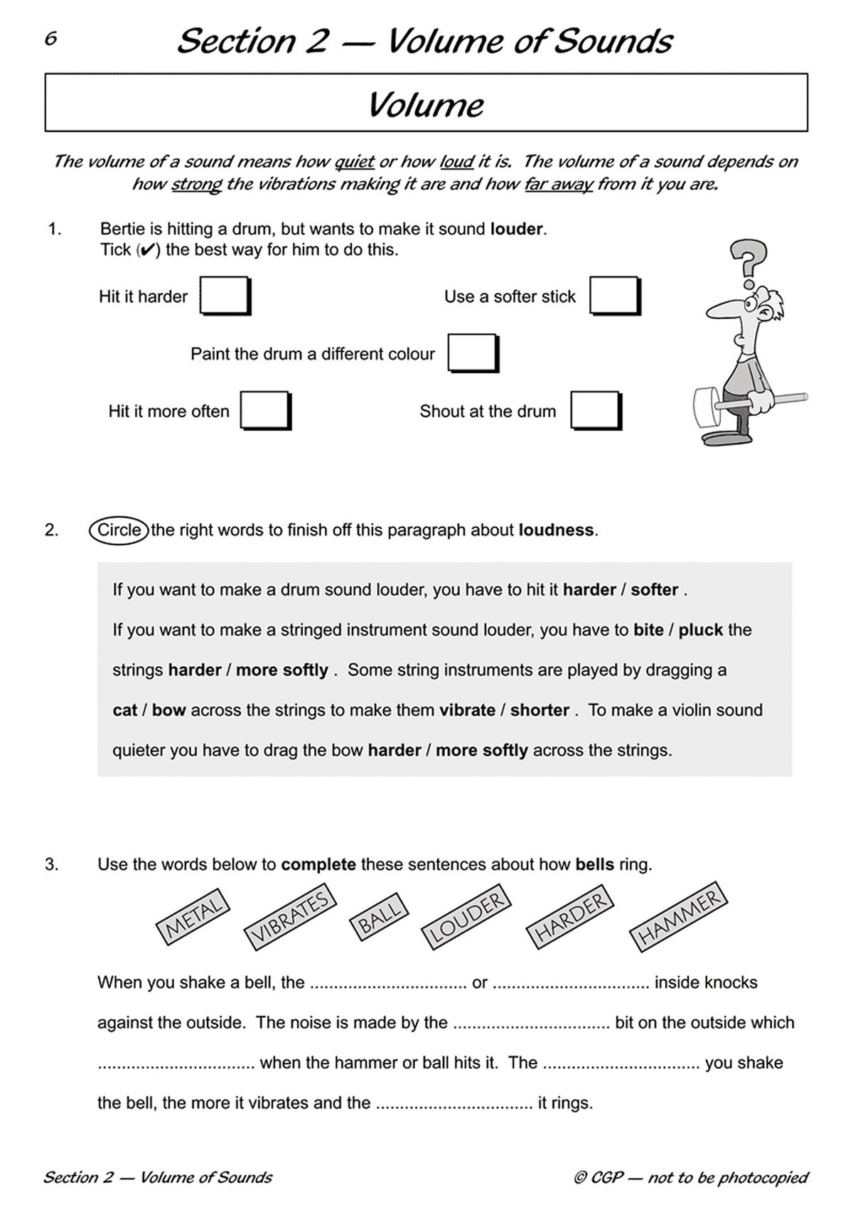 Practice questions on the volume and pitch of sounds with tick-box answers