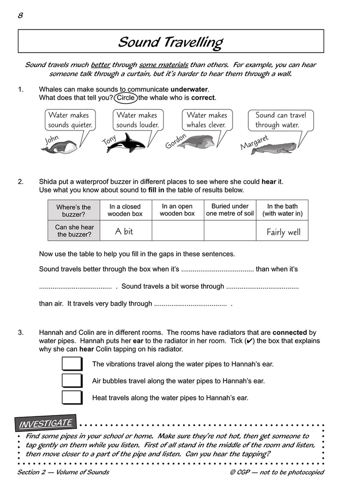 Inside page showing sound travelling through different materials with questions and illustrations