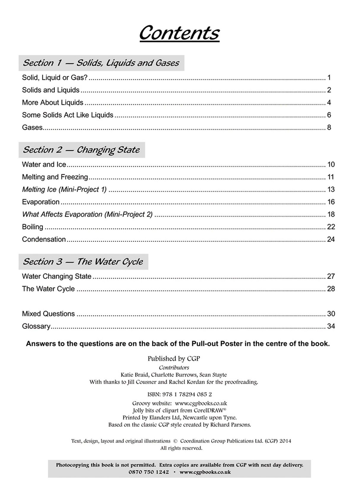 Contents page from the States of Matter workbook showing sections on solids, liquids, gases and changing state