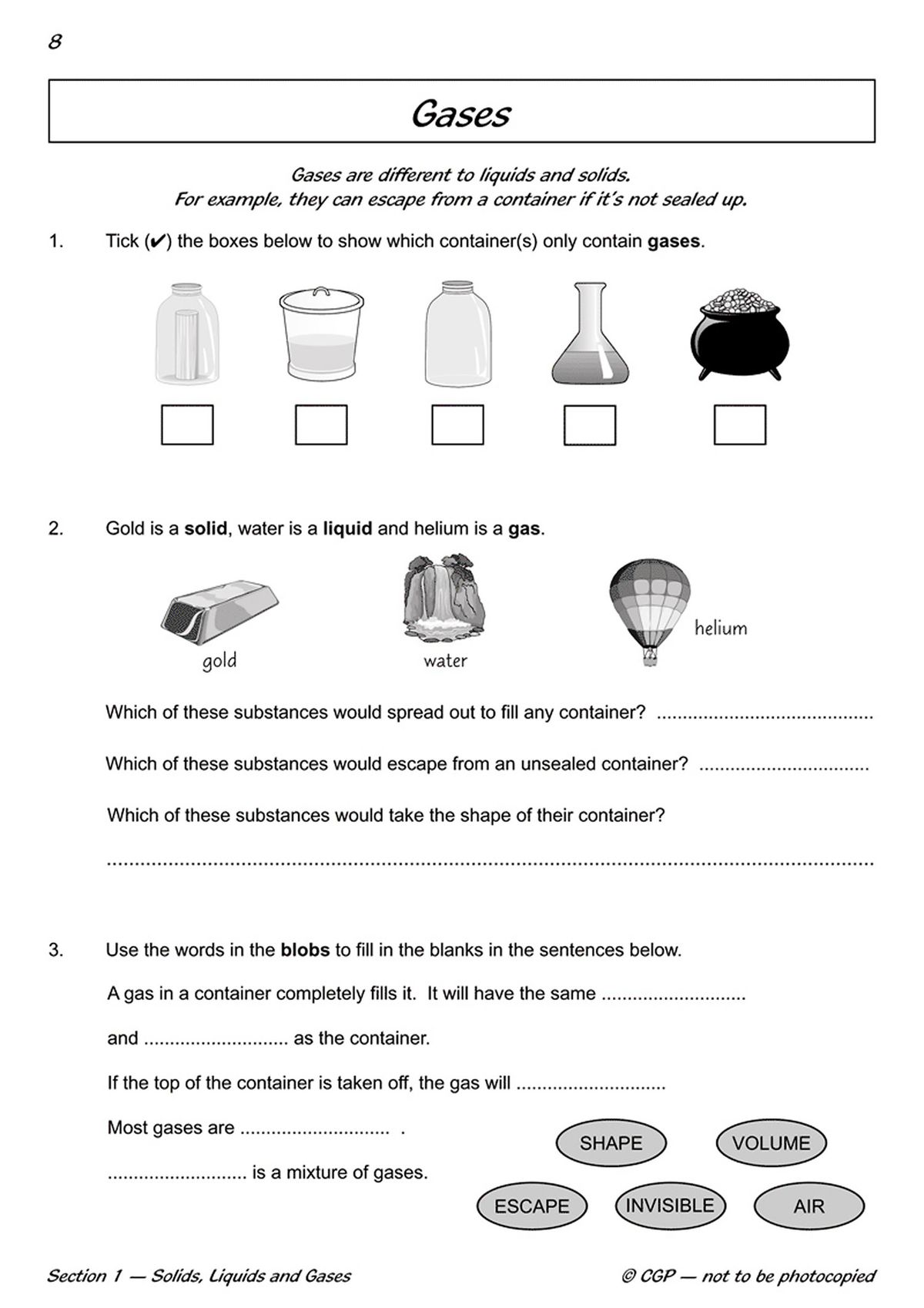 Sample page showing questions about solids and liquids with illustrations