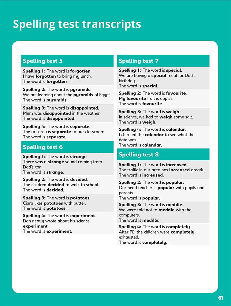 Spelling test transcripts showing word usage in context