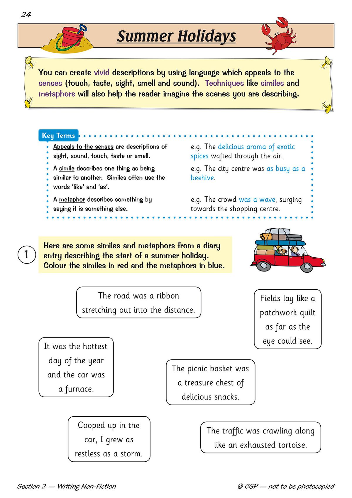 Colourful writing workbook page with engaging activity and text extract