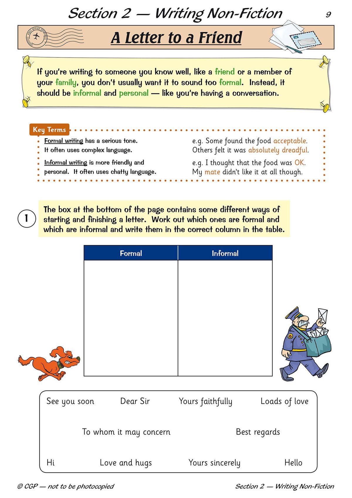 Sample page showing non-fiction writing lesson on formal and informal letter writing