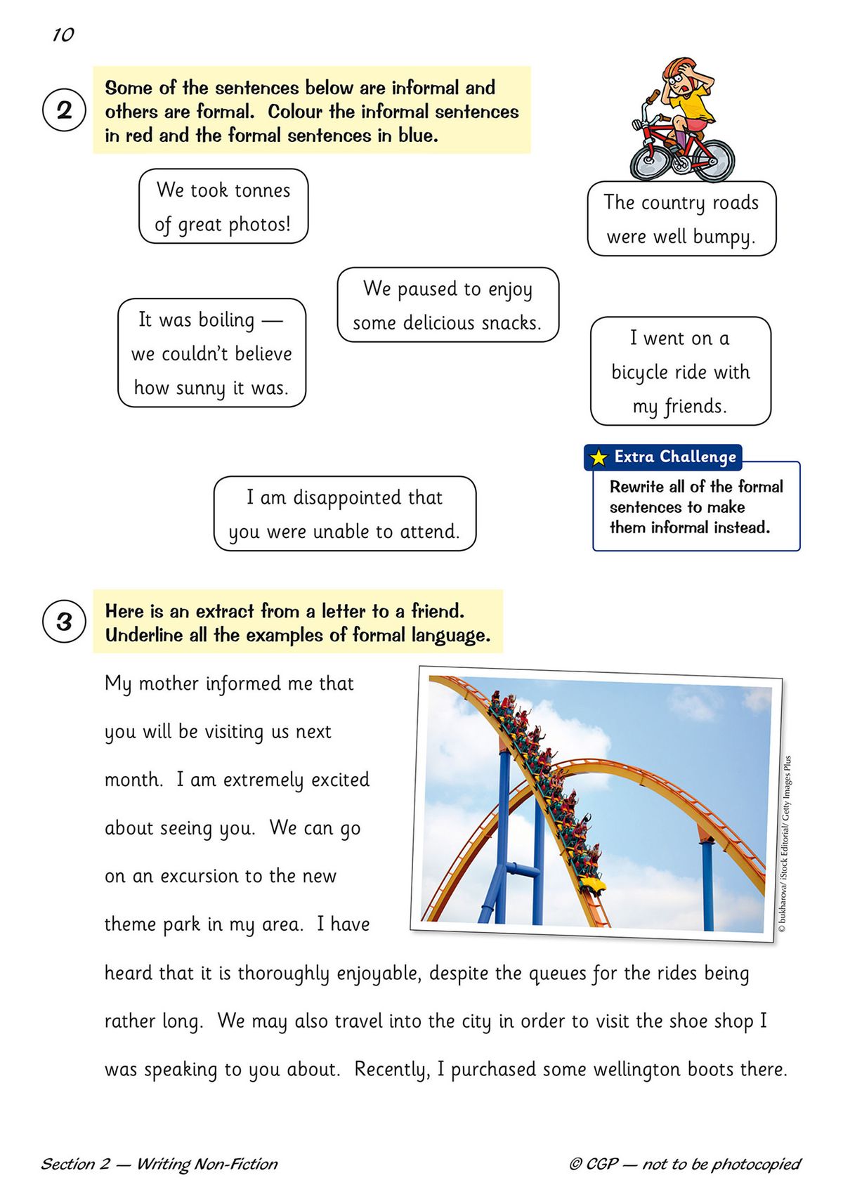 Inside pages of the Year 4 Writing Workbook showing sentence development activities