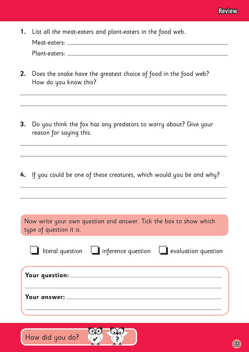 Year 5 comprehension workbook sample page showing review questions