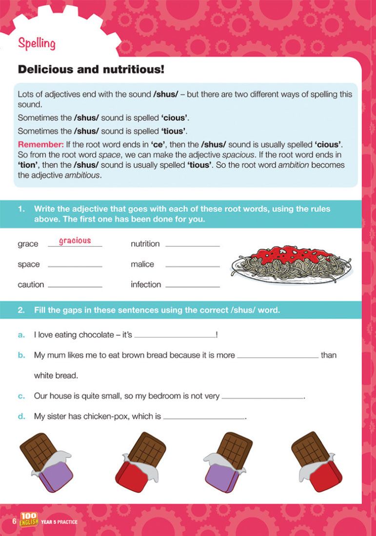 Year 5 spelling workbook page showing adjective suffix rules and practice exercises