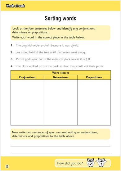 Inside page showing a sorting words activity with tables for conjunctions, determiners and prepositions