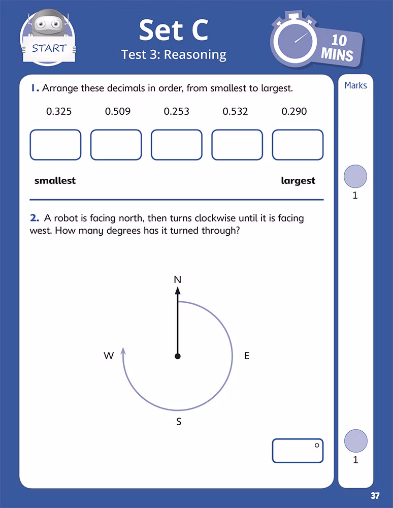 Year 5 Maths 10-Minute SATs test page showing reasoning questions with timer icon