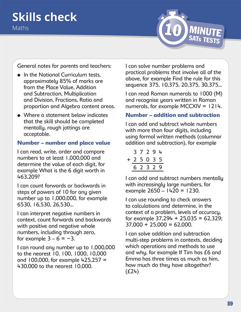 Skills check page listing National Curriculum maths objectives