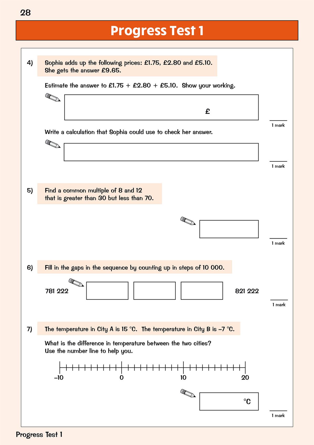 Progress Test page showing multi-step word problems and number work