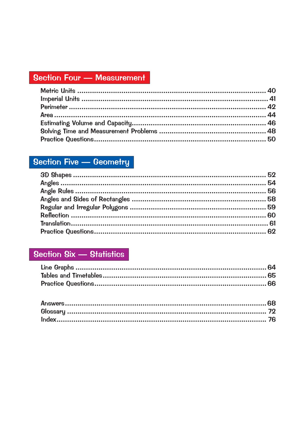 Contents page showing measurement and geometry sections