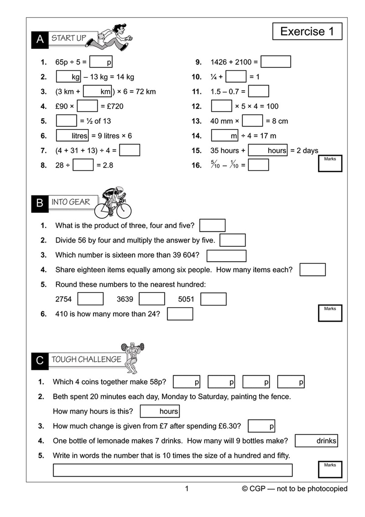 Sample page showing varied mental arithmetic exercises including fractions, money and word problems