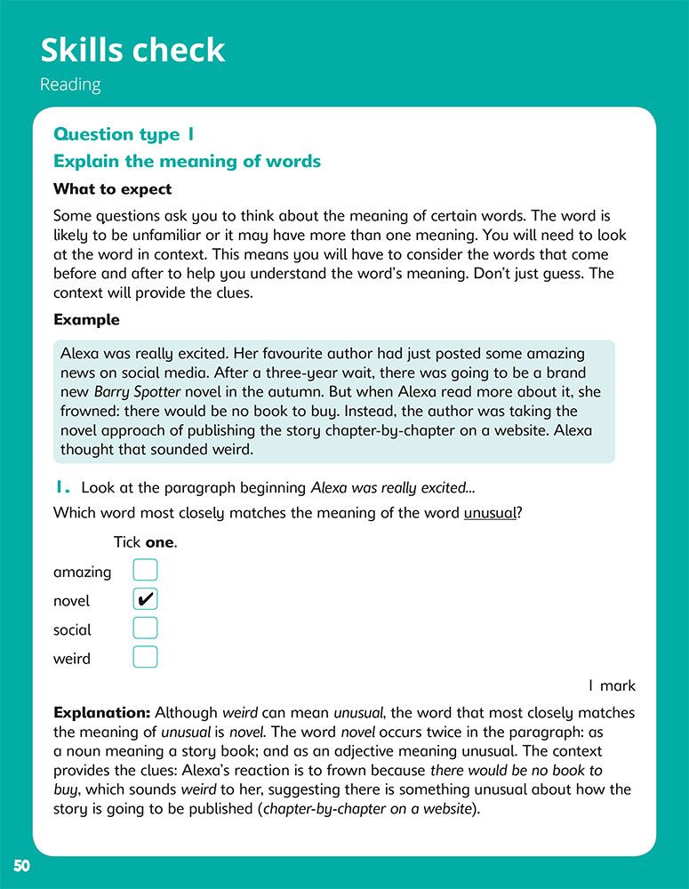 Skills check page explaining question types and providing worked examples with explanations
