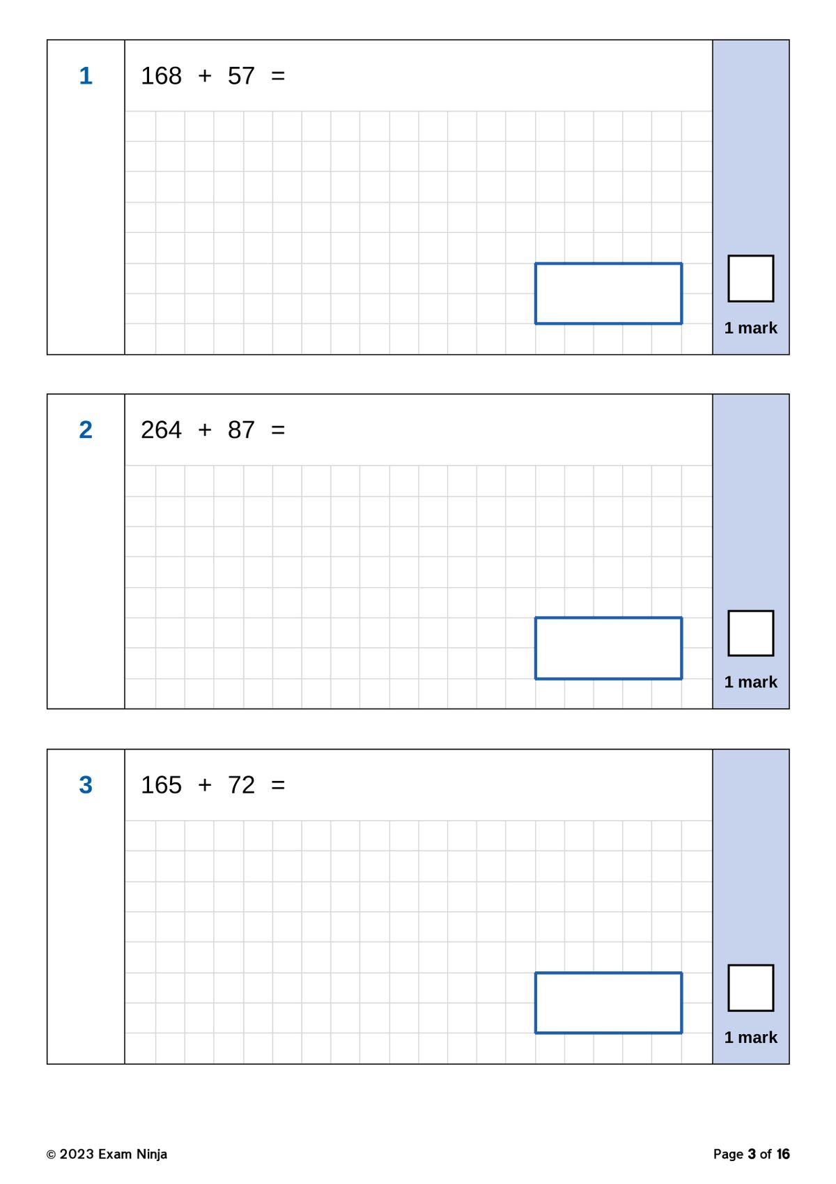 Year 5 arithmetic paper showing columnar addition questions with multi-digit numbers and grid space for calculation