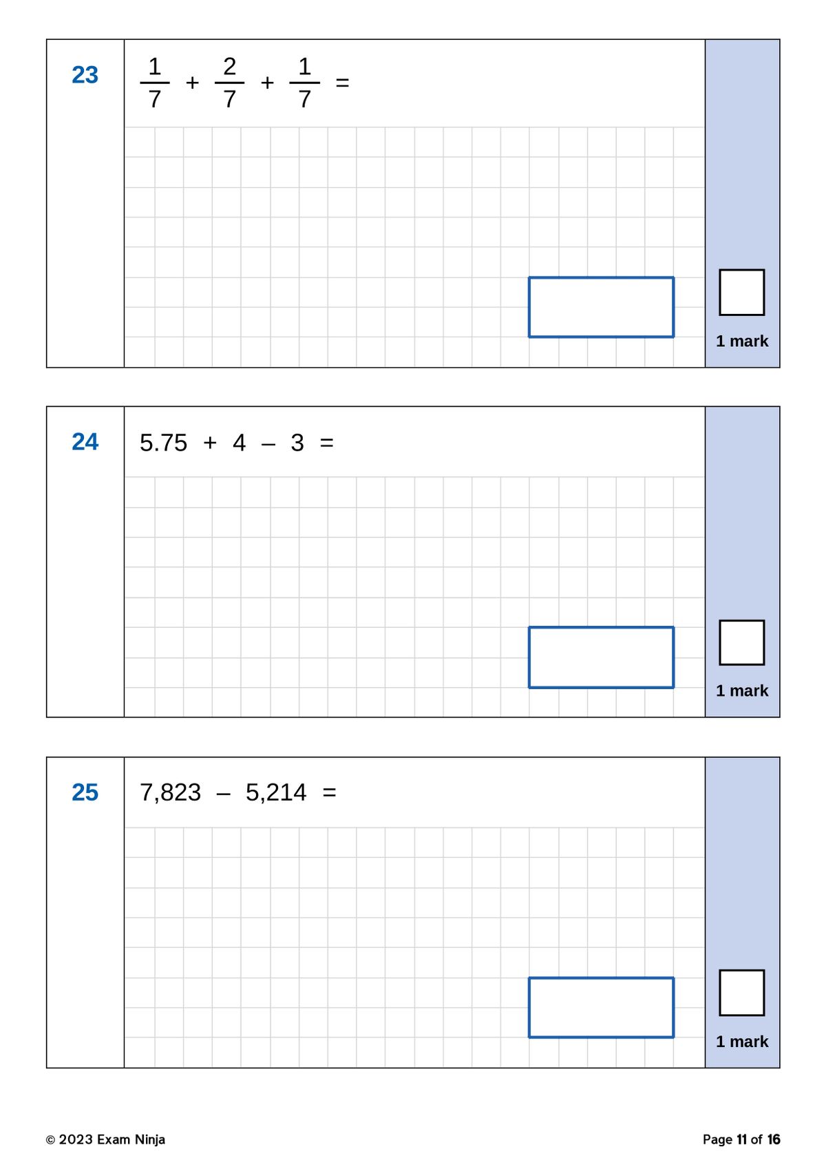 Sample arithmetic questions showing fraction addition and multi-step calculations