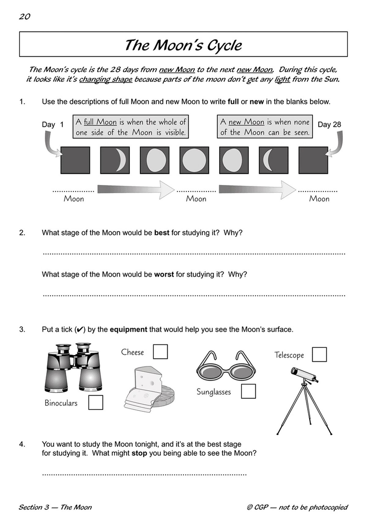 Sample workbook page showing moon definitions and multiple-choice questions