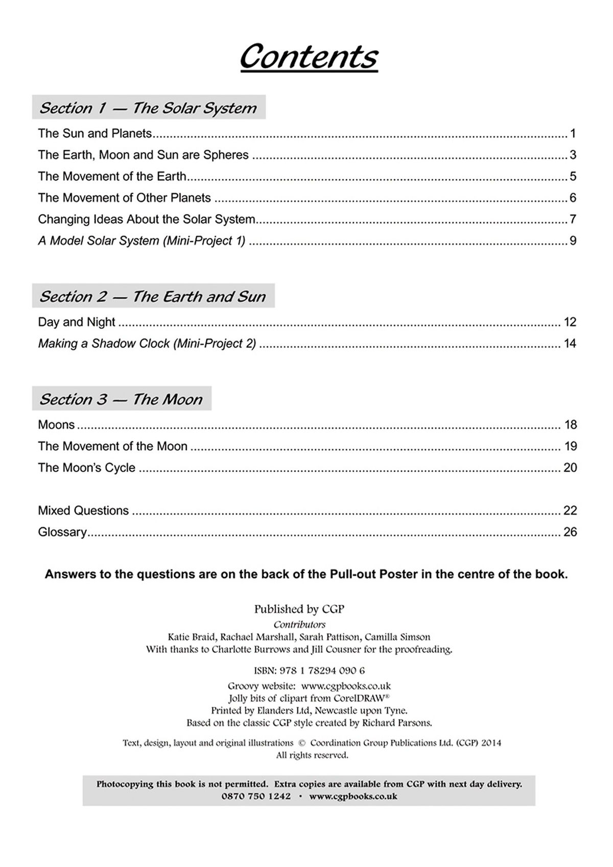 Contents page showing The Solar System, The Earth and Sun, and The Moon sections with mini-projects and mixed questions