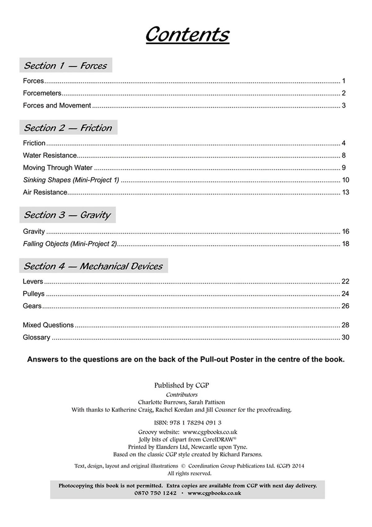 Contents page displaying Forces, Friction, Gravity and Mechanical Devices sections with mini-projects and glossary