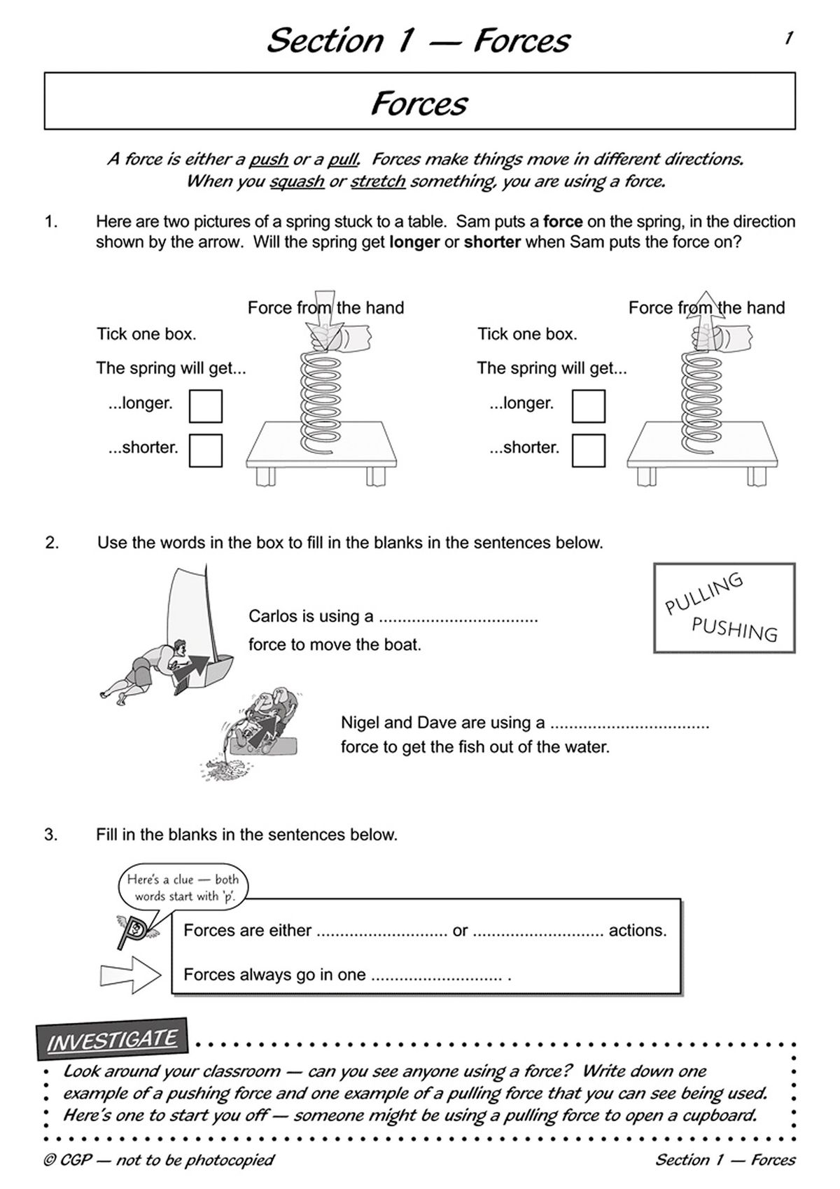 Sample page showing forces questions with diagrams of springs and practical examples