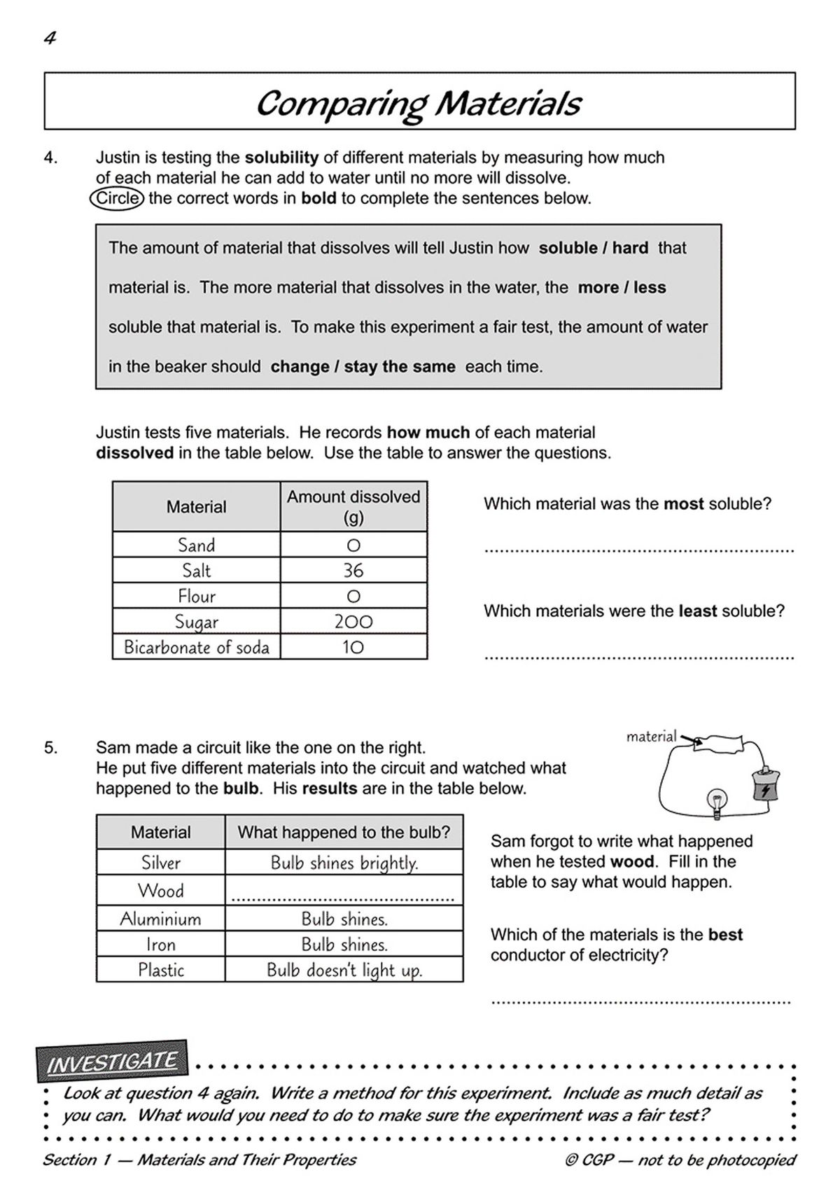 Comparing Materials worksheet with solubility data table and circuit questions