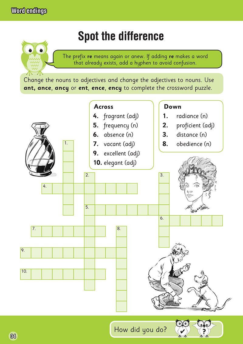 Sample page from the Year 5 Spelling and Vocabulary Workbook showing a crossword puzzle on word endings