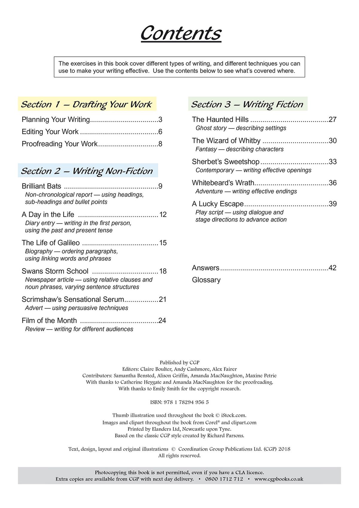 Contents page from the Year 5 Writing Workbook showing sections on drafting, non-fiction and fiction writing