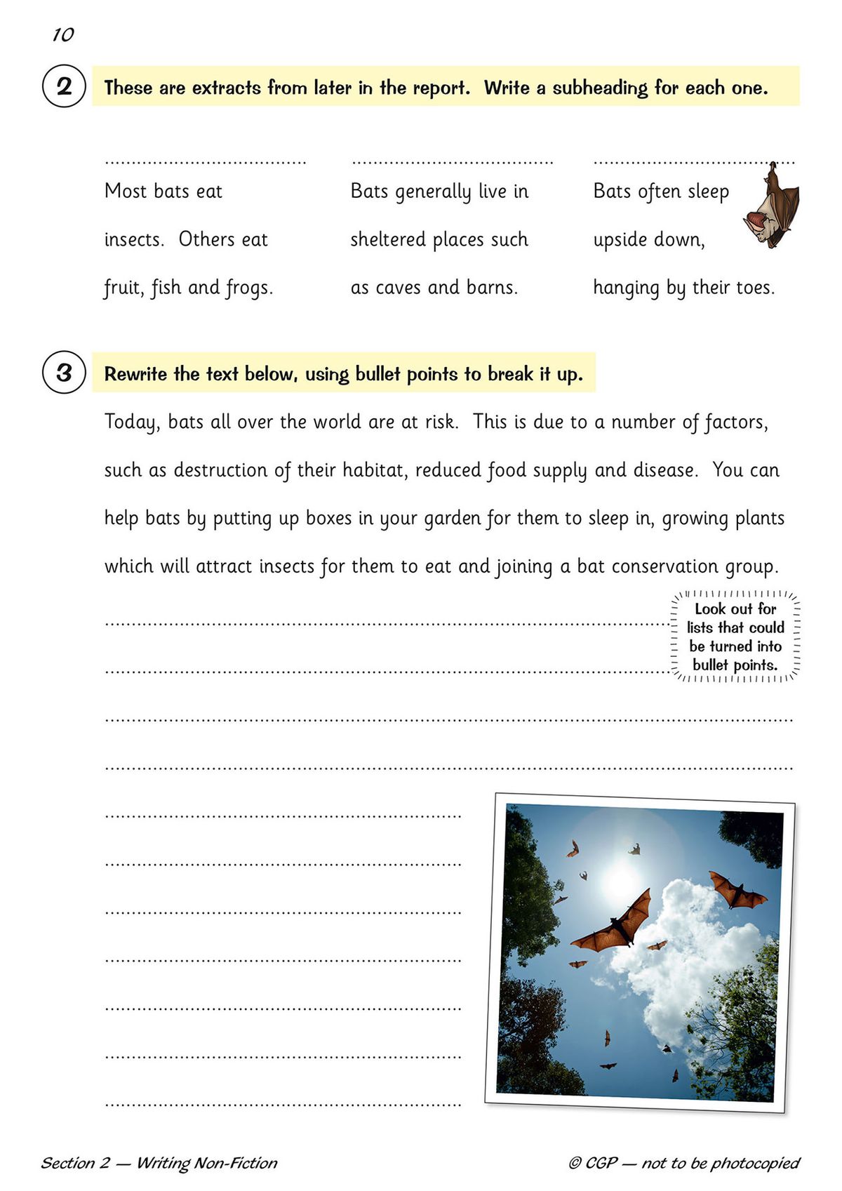 Inside page of Year 5 Writing Workbook showing practical writing tasks with space for pupils to write subheadings and rewrite text using bullet points