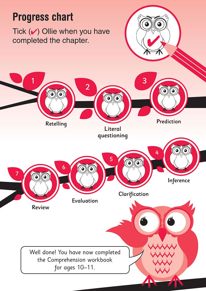 Year 6 Comprehension Workbook progress chart with owl mascot