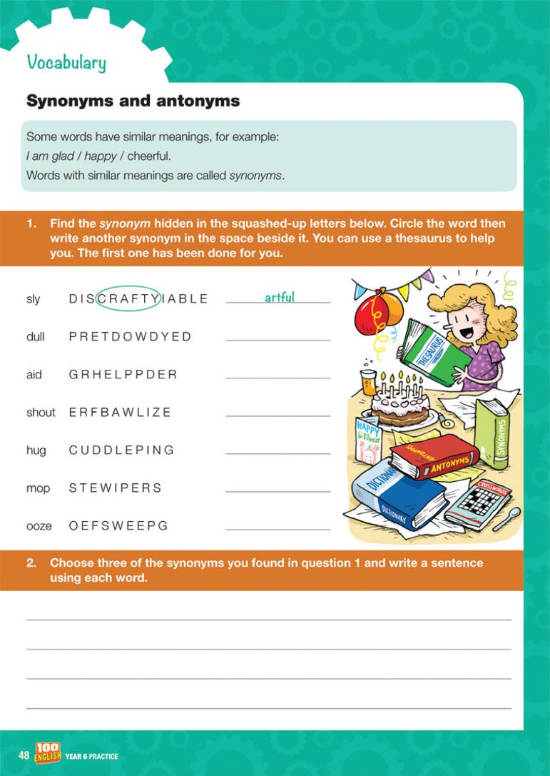 Sample vocabulary exercise page showing synonyms and antonyms activities