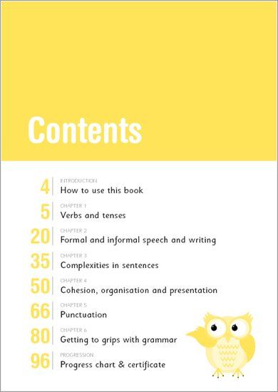 Contents page of the Year 6 Grammar and Punctuation Workbook showing chapters on verbs, formal and informal writing, sentence complexities, punctuation and a progress chart