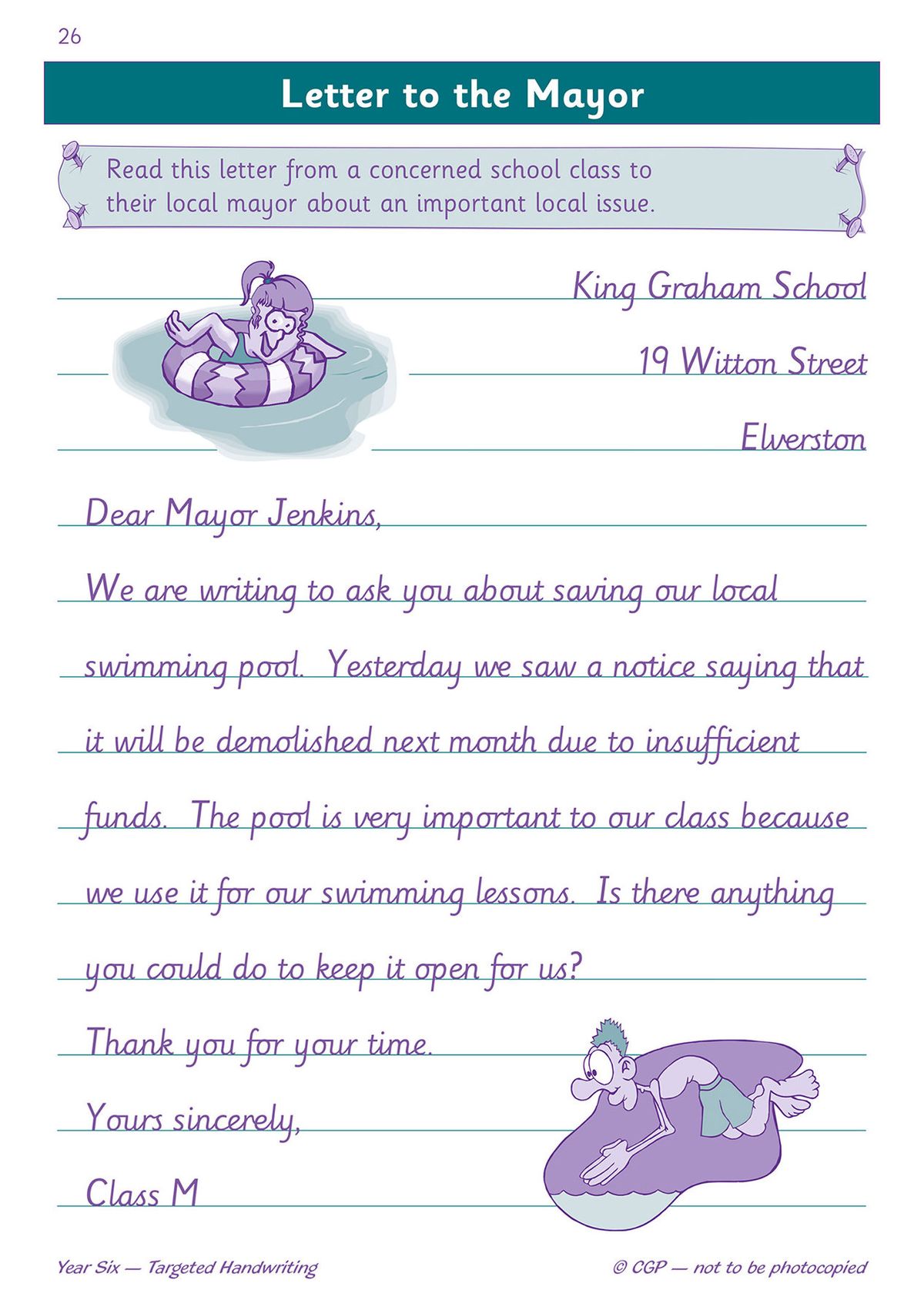 Sample page showing a formal letter with joined handwriting on lined paper