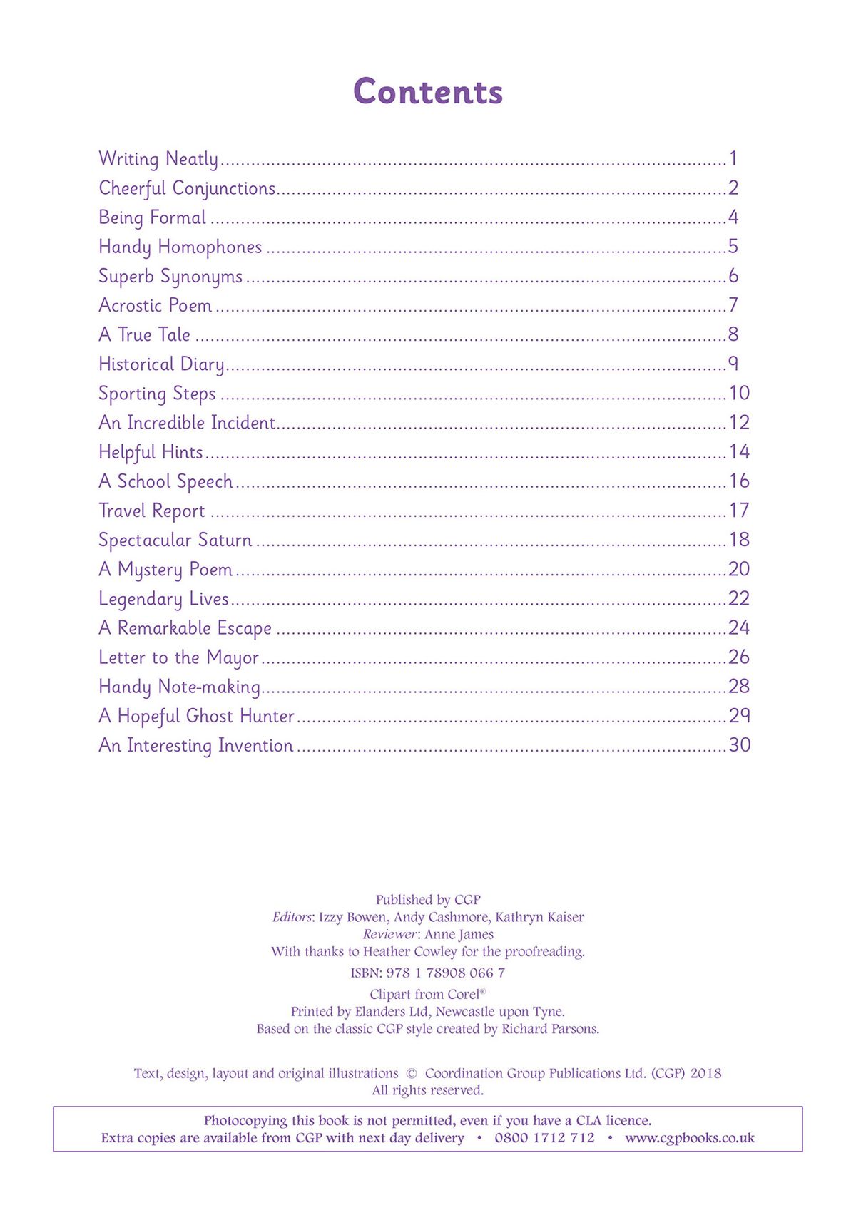Contents page showing twenty varied handwriting exercises