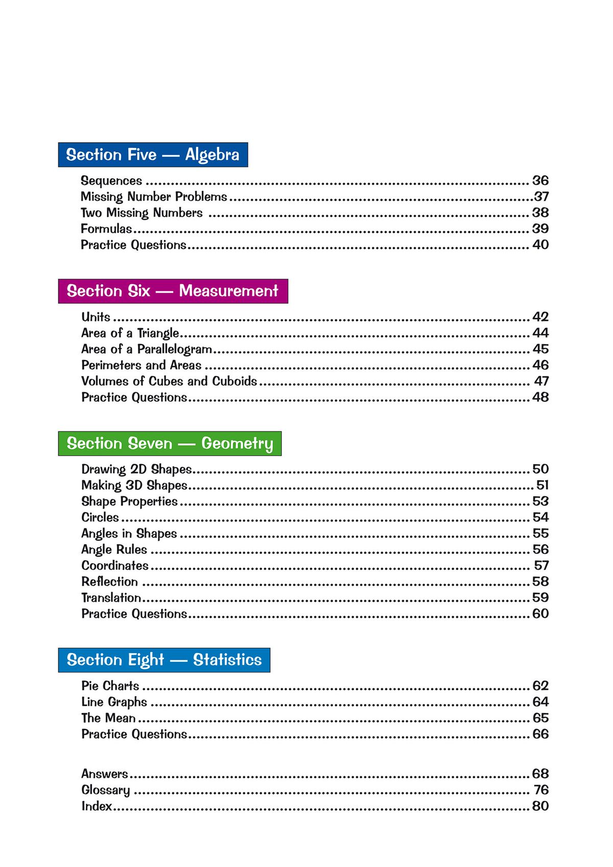 Contents page showing colour-coded sections including Algebra, Measurement, Geometry, and Statistics