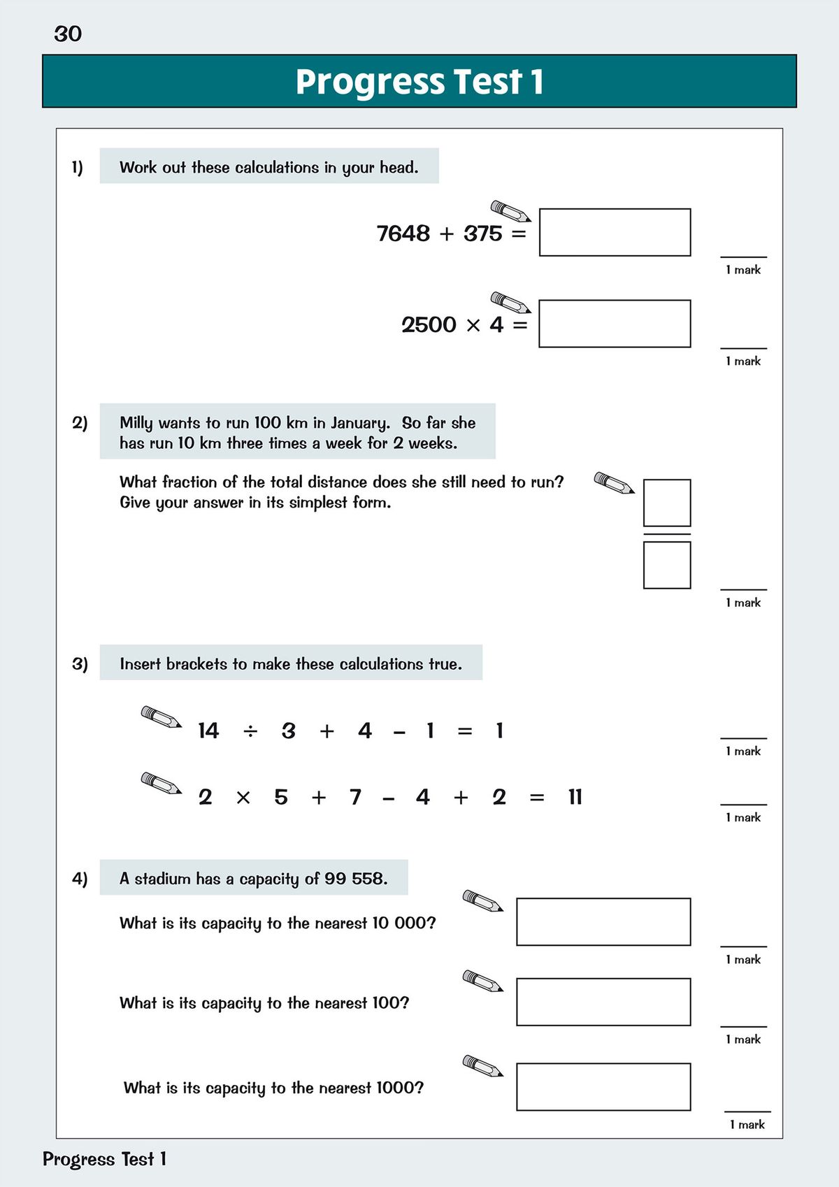 Additional Progress Test page featuring temperature ordering and decimal place value questions