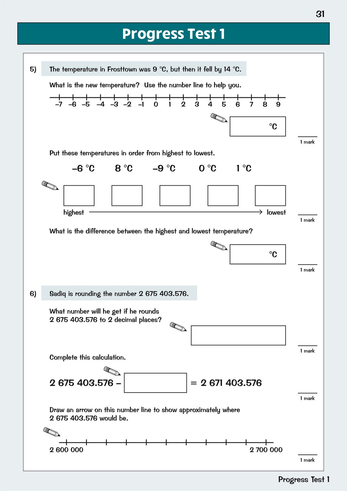 Progress Test pages showing multi-step problem solving and number line exercises