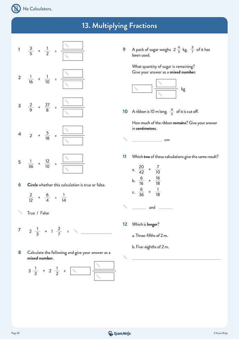 Sample multiplying fractions test page displaying twelve questions on fraction multiplication and mixed numbers