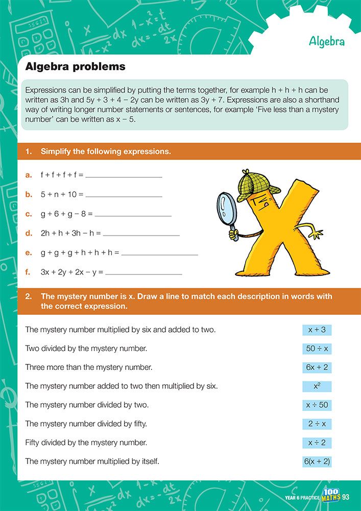 Year 6 Maths workbook page showing algebra problems with simplifying expressions and mystery number exercises