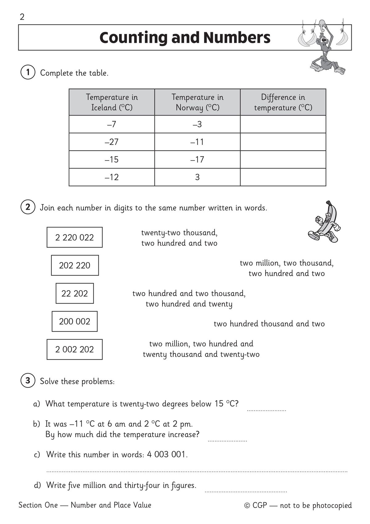 Sample pages from the Counting and Numbers section showing temperature tables and place value questions