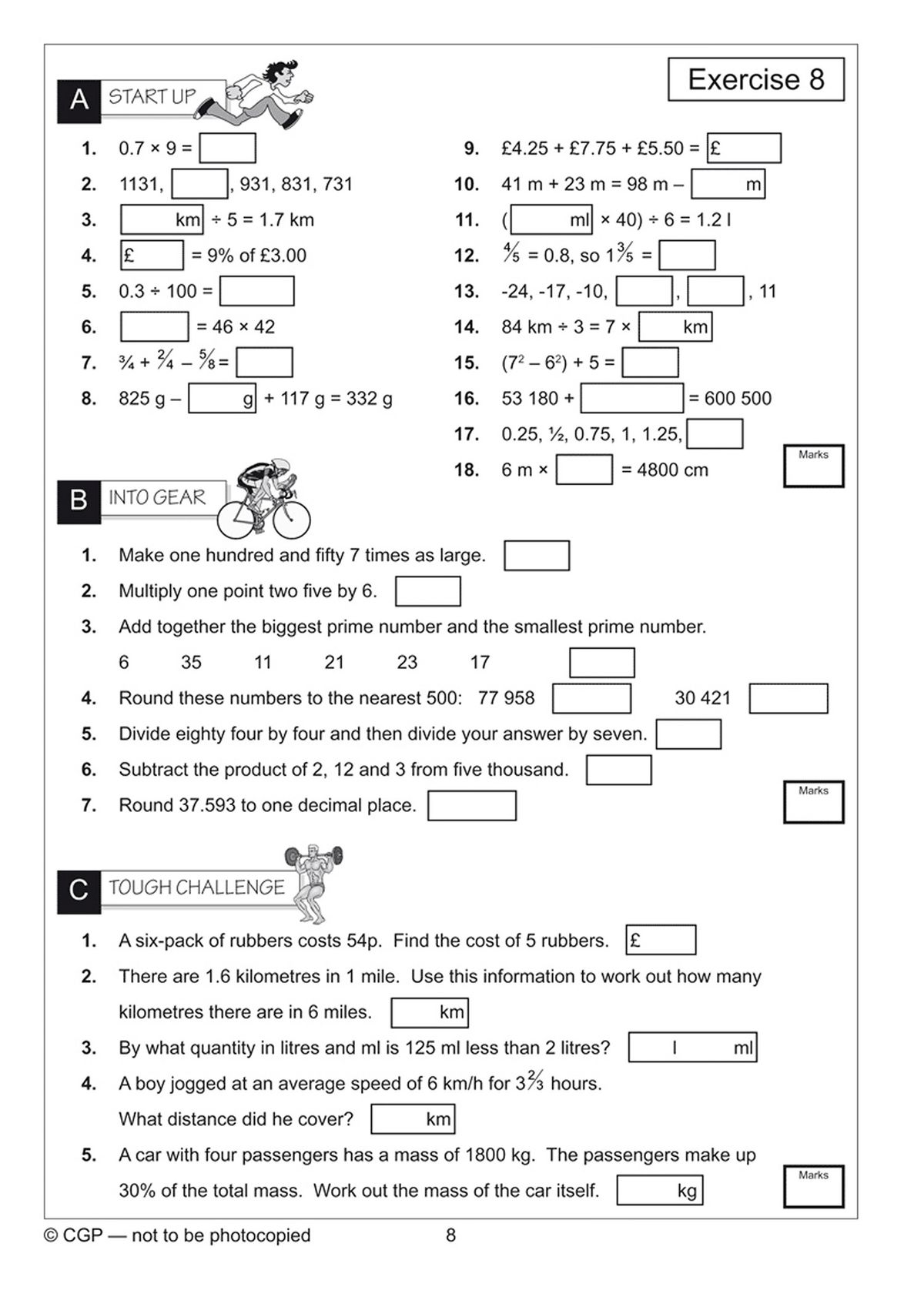 Mental maths workout page showing mixed exercises with Start Up, Into Gear, and Tough Challenge sections