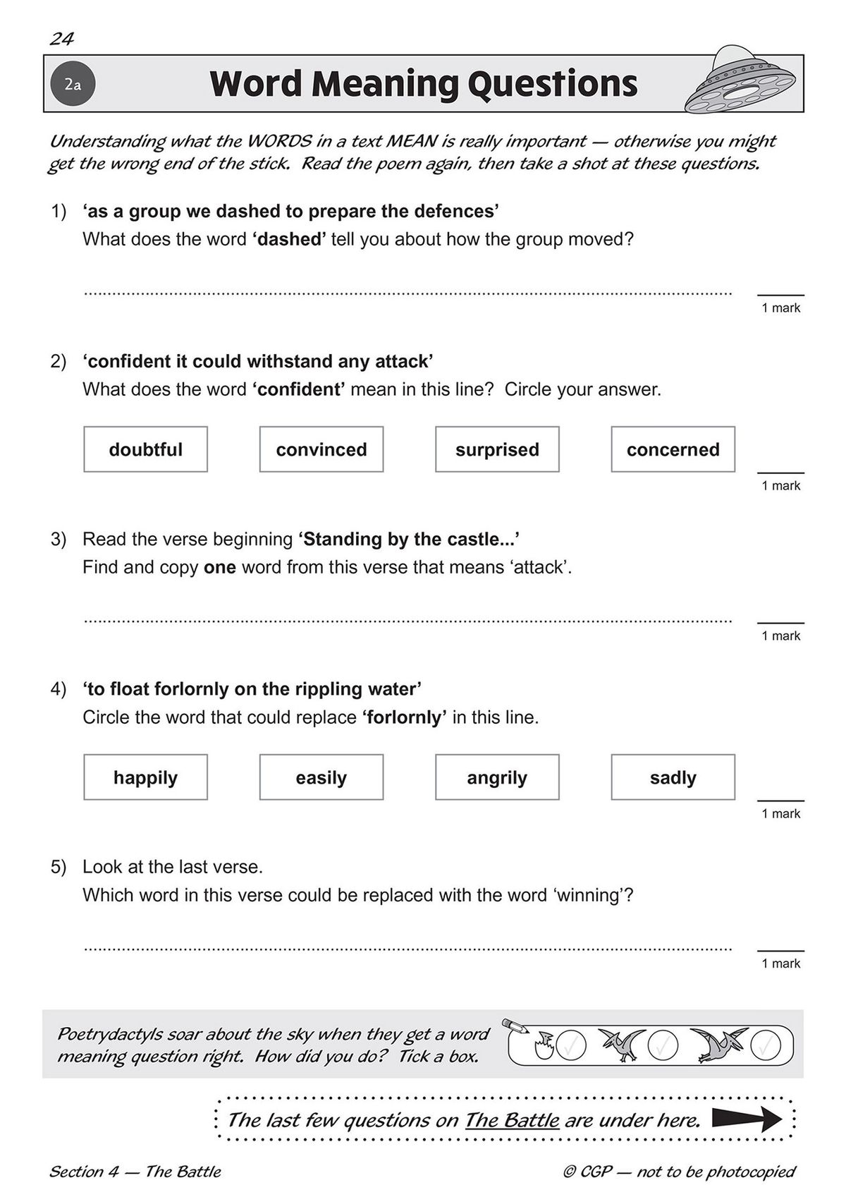 Sample word meaning questions page from Year 6 Reading SAT Buster Stretch Poetry