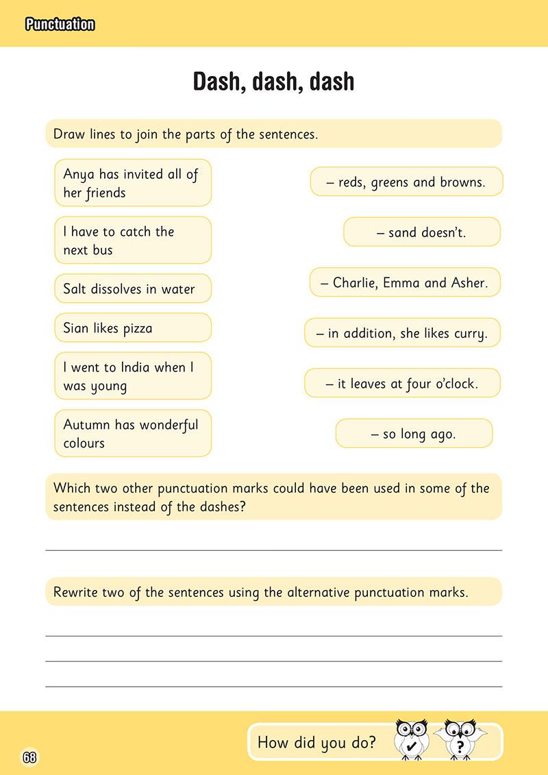 Punctuation matching exercise with dash usage examples
