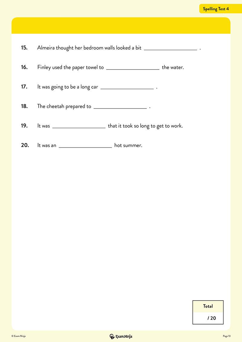 Sample spelling test page with additional questions and score box