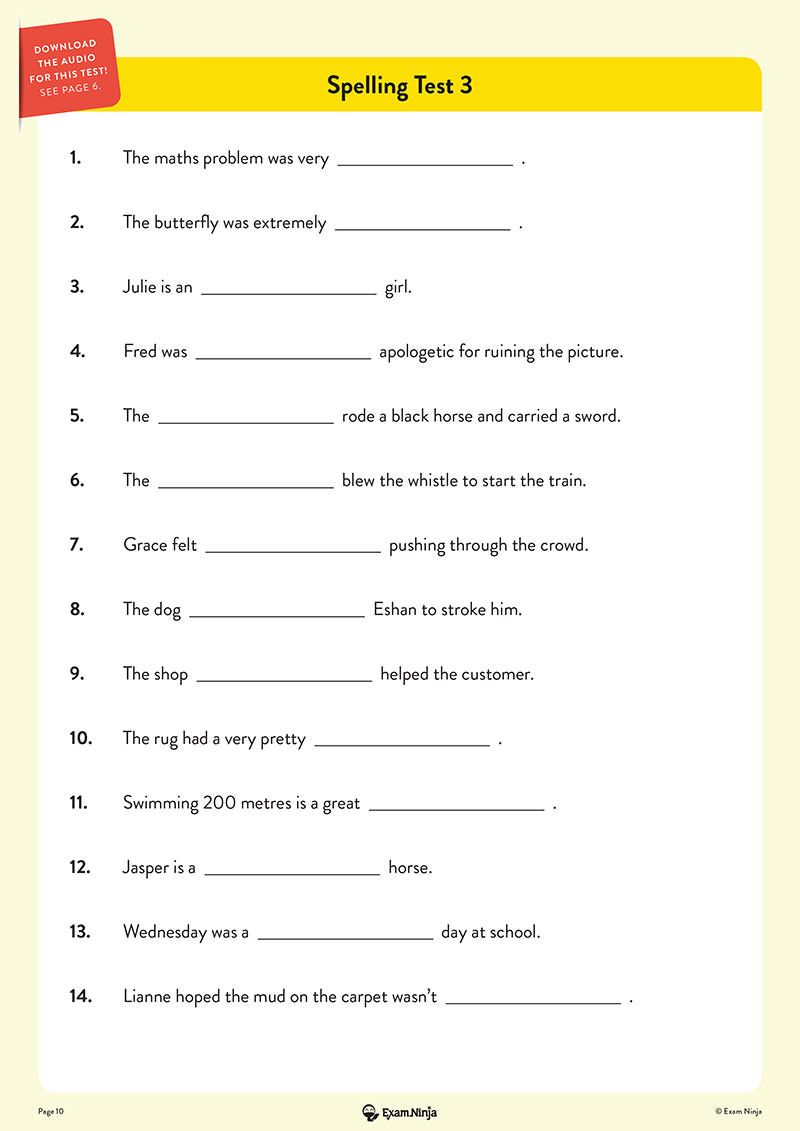Sample spelling test page showing numbered sentences with blank spaces for pupils to complete